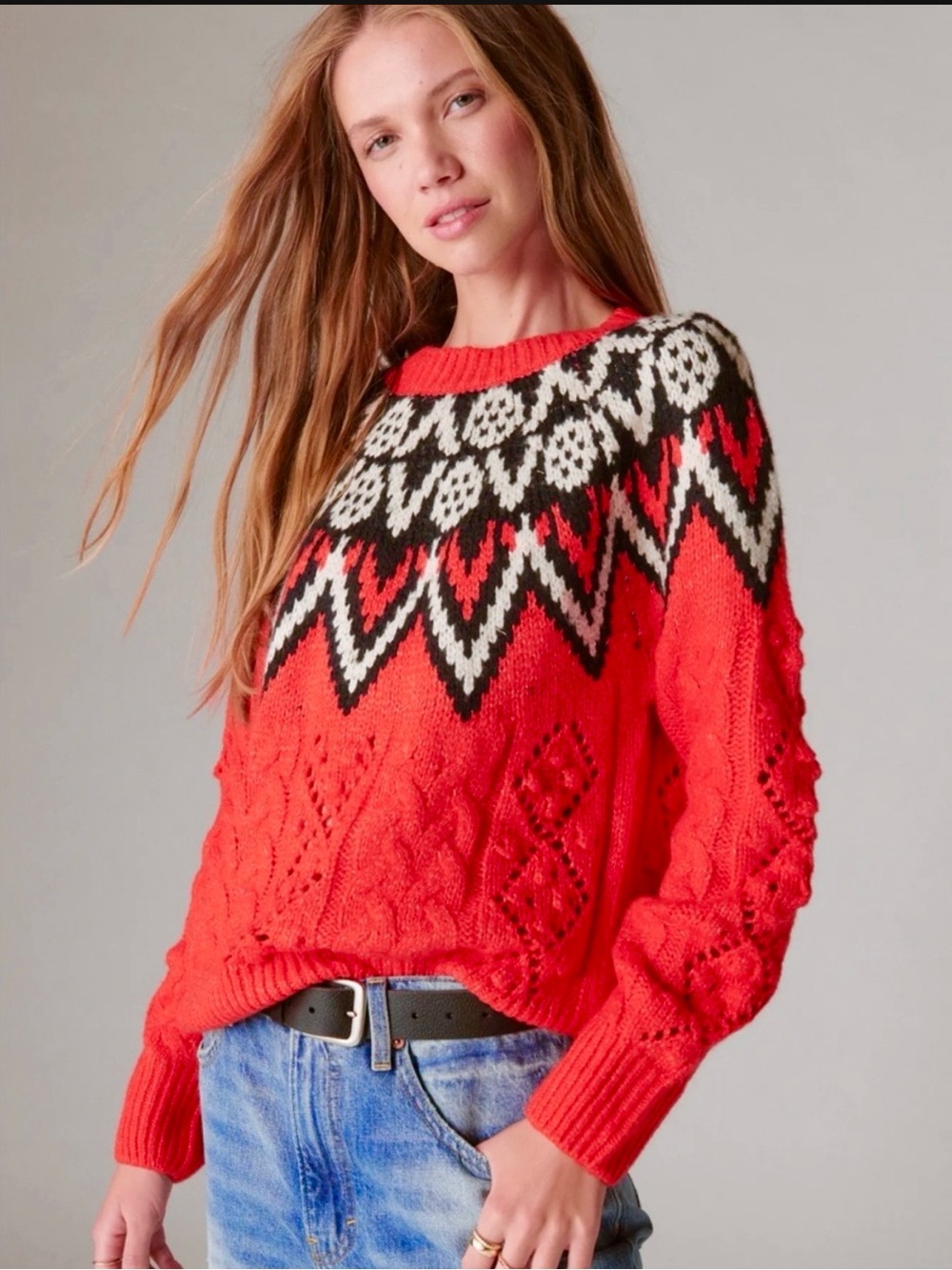 Lucky Brand Fair Isle Cable Knit Sweater Fiery Rex